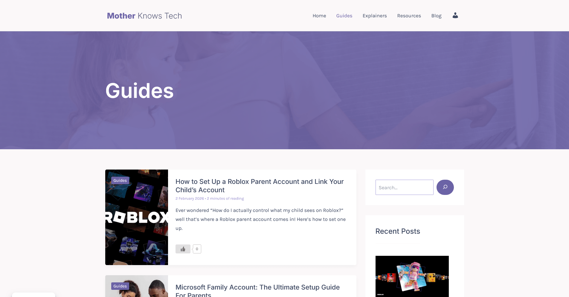 Screenshot of the Mother Knows Tech Guides listing page